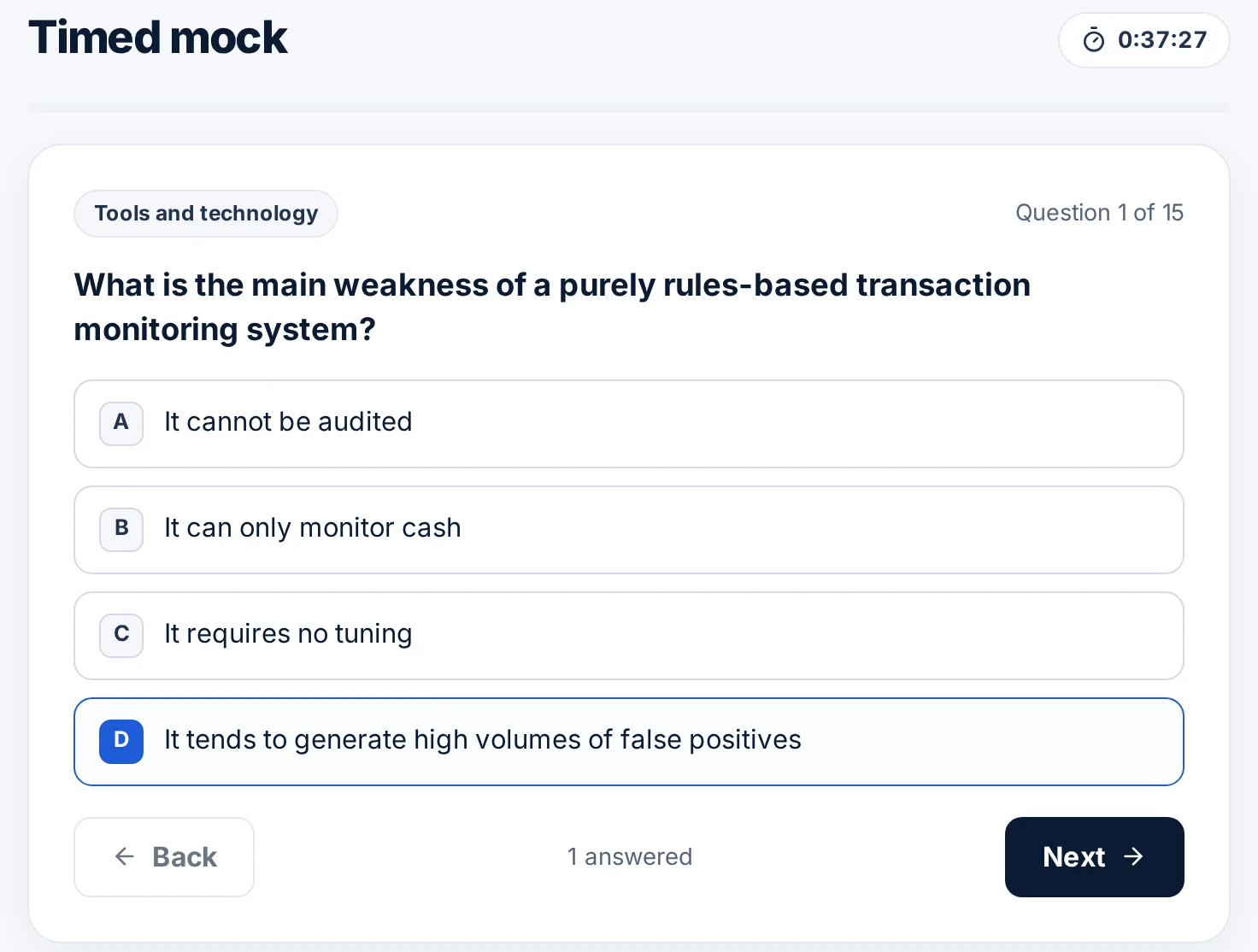 A timed CAMS mock exam question on the placement stage of money laundering, with a countdown timer
