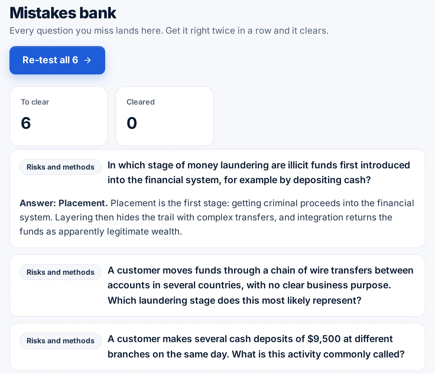 Mistakes bank with missed CAMS questions to clear, one expanded to show the answer and explanation